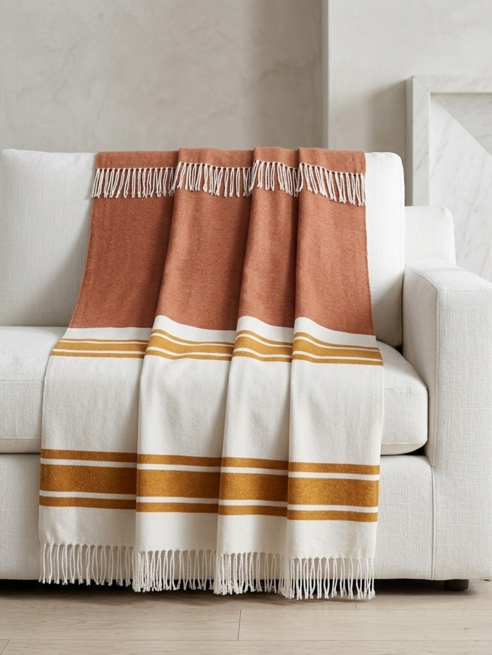 Nido Notte Italia Terracotta Mustard Boho Striped Fringe Throw Blanket
